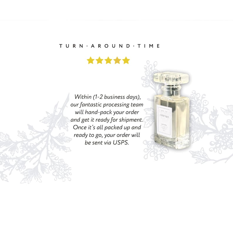 May include: A clear glass perfume bottle with a rectangular shape and a clear, faceted cap. The bottle has a white label with black text. The image includes text that says "TURN AROUND TIME" and information about order processing.