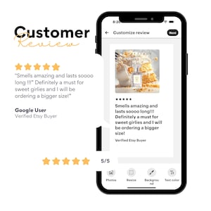 May include: A smartphone screen displays a customer review with a five-star rating. The review praises a product's scent and longevity. The image also shows a perfume bottle and cake.