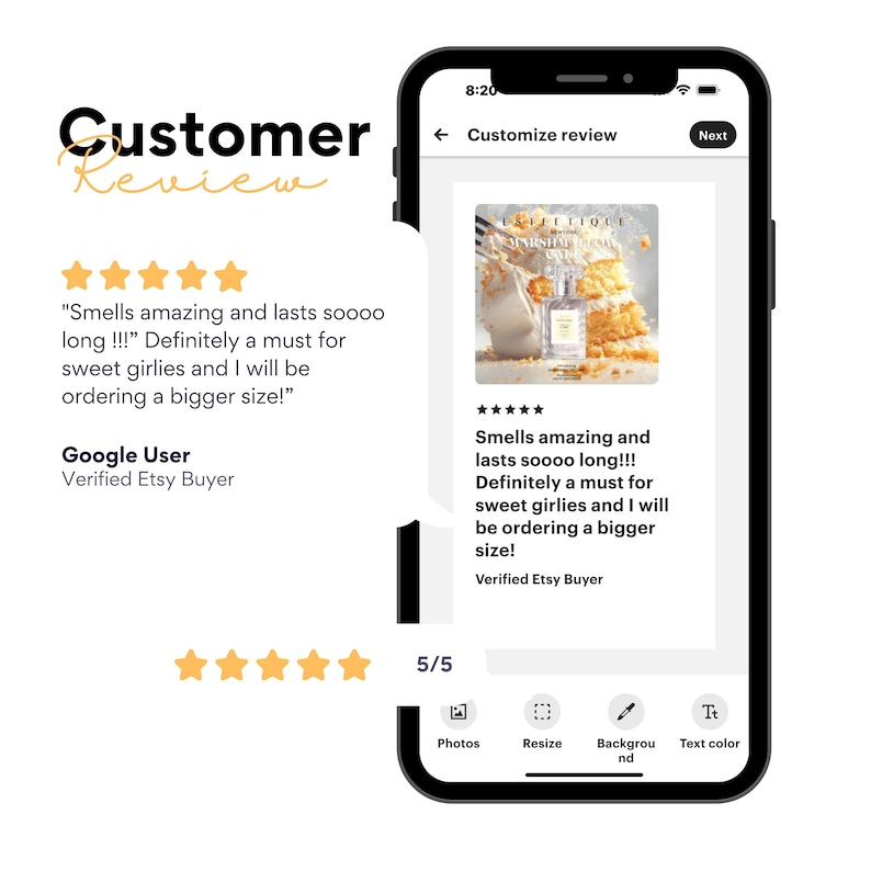 May include: A smartphone screen displays a customer review with a five-star rating. The review praises a product's scent and longevity. The image also shows a perfume bottle and cake.