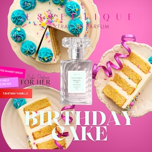Pode incluir: Um frasco de perfume com um design retangular transparente está centrado em um fundo rosa, ladeado por fatias de bolo. O bolo é decorado com glacê azul e granulado. O texto no frasco diz "Birthday Cake".