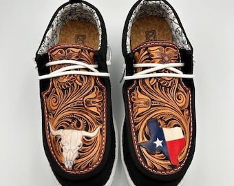 Double R Western Tooled Leather Shoes - &quot;Texas&quot;