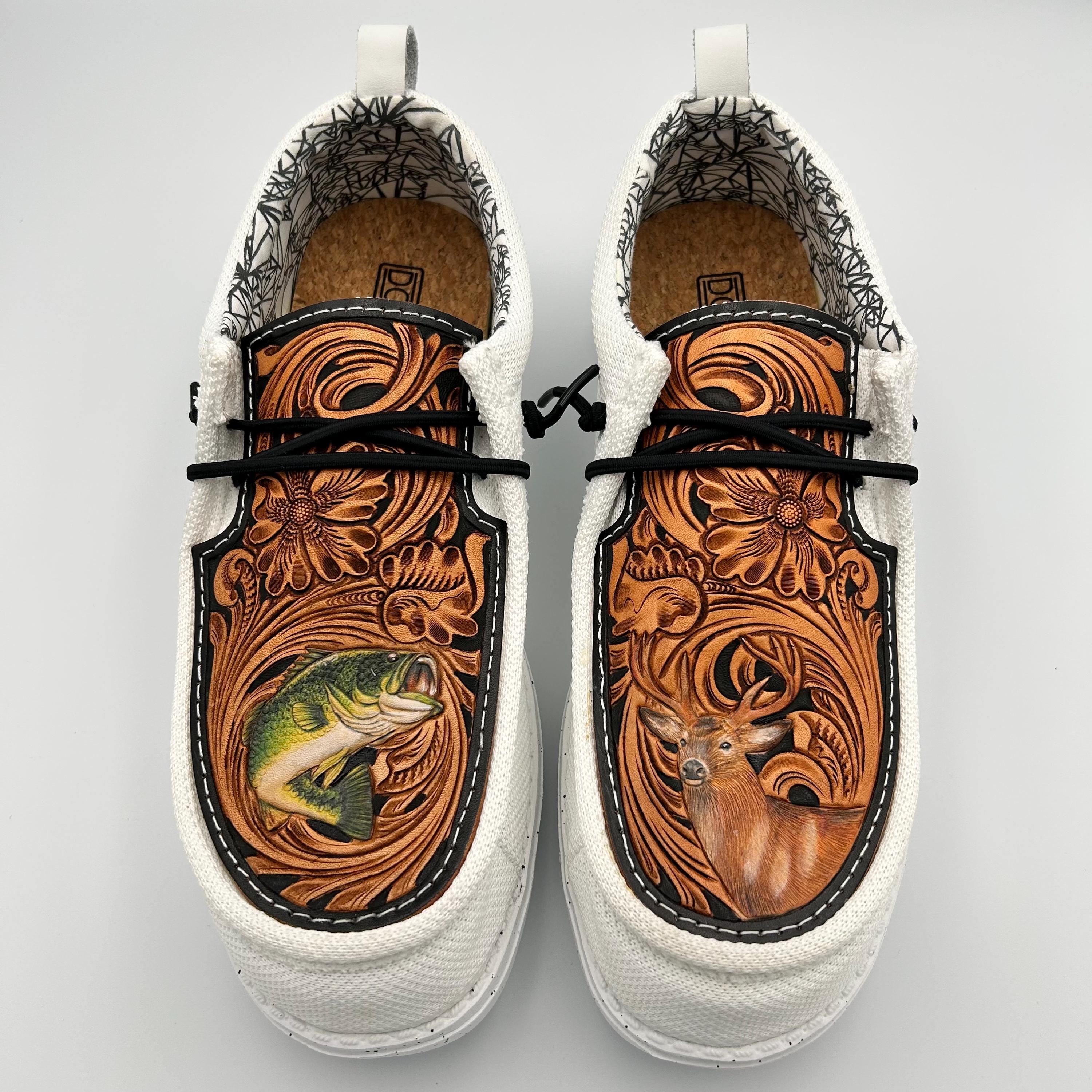 Double R Western Tooled Leather Shoes - "White/Outdoors"
