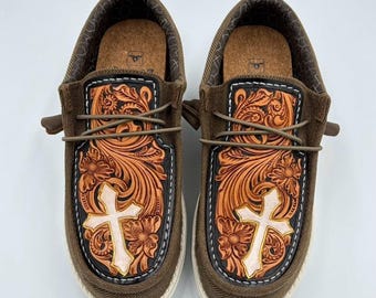 RR Western Tooled Leather Shoes (Brown-Cross)