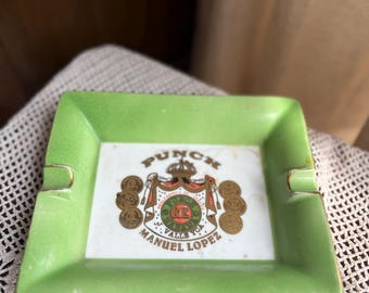 Vintage Punch Manuel Lopez Cigar Ashtray | Green Ceramic with Gold Trim