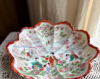 Bol de porcelana Nippon antiguo pintado a mano / Escena de geisha, ribete rojo, 25,4 cm (10")