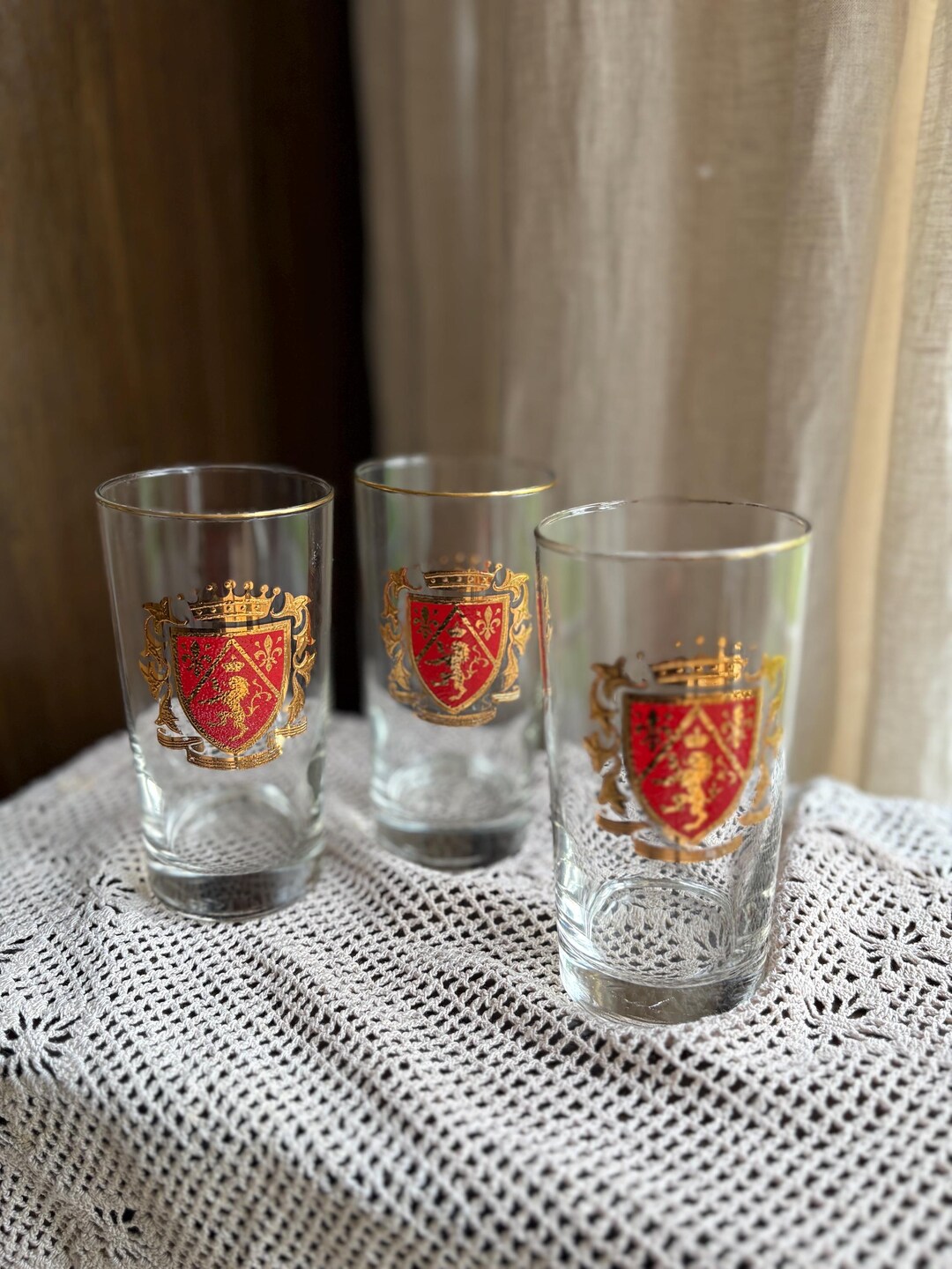 Spectacles Crest Set of 3 Vintage Libbey Heraldry Crown Highball Glasses | Red & Gold ...
