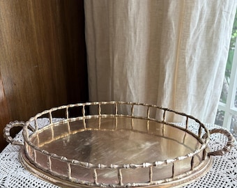 Bandeja de bambú de latón estilo Hollywood Regency vintage, 16,5"
