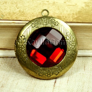 Locket Pendant Antique Brass Ruby Glass Antique Victorian Style 1 pc