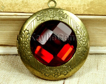 Locket Pendant Antique Brass Ruby Glass Antique Victorian Style 1 pc