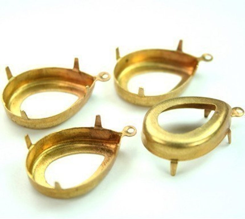 Raw Brass Prong Setting 18x25 Tear Drop Open Back with 1 Loop/Ring 4pcs image 1