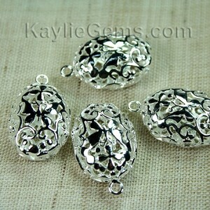 Silver Filigree Foral Charm Drop Oval Victorian Butterfly Flower  3D - 4pcs
