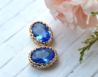 14x10 Oval Glass Jewel Set in Filigree Light Gold Setting Blue Sapphire - Pick your color