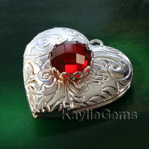 Silver Heart Locket Ruby Glass Baroque Victorian Pendant - 1pc
