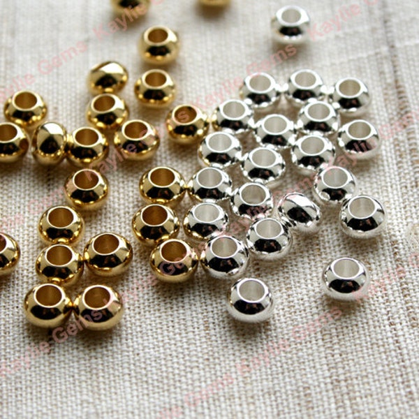 24pcs 6x4mm Quality Seamless Brass Rondelle Spacer Beads, Polished Raw or Sterling Silver Plated, Large 3mm Hole