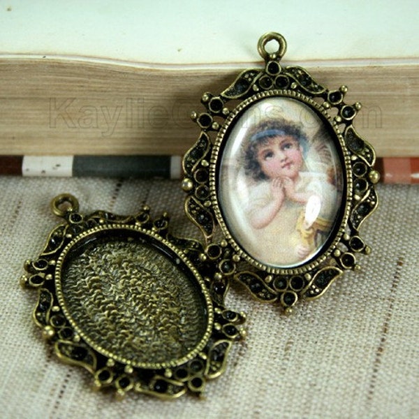 Cameo Cabochon Setting 18x25mm Frame Pendant Rhinestone Deco Victorian Antique Brass Close Back FRM3308CAB - 4pcs