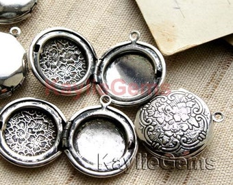 Round Locket Hand Touched  Antique Silver Floral Victorian 20mm   - LKRS-1405AS