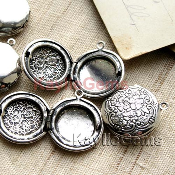 Round Locket Hand Touched  Antique Silver Floral Victorian 20mm   - LKRS-1405AS