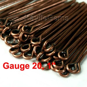 May include: A close-up of a pile of copper-colored, 1-inch long head pins with a loop at one end. The text "Gauge 20, 1"" is visible in the image.