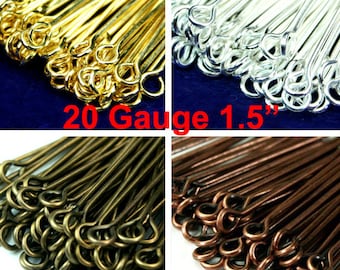 Eye Pins 21 Gauge 38mm 1.5 inches Silver, Gold, Antique Brass, Antique Copper Plated - 100 pcs Per Pack