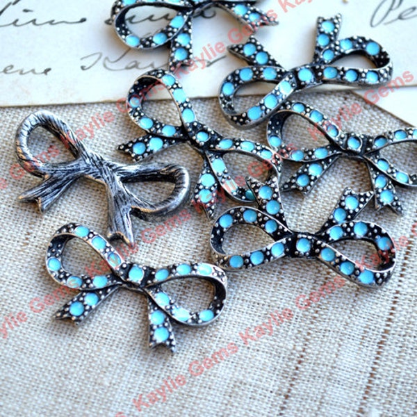 Dije de mariposa con lazo de plata antigua azul turquesa de Old Stock - 6 piezas