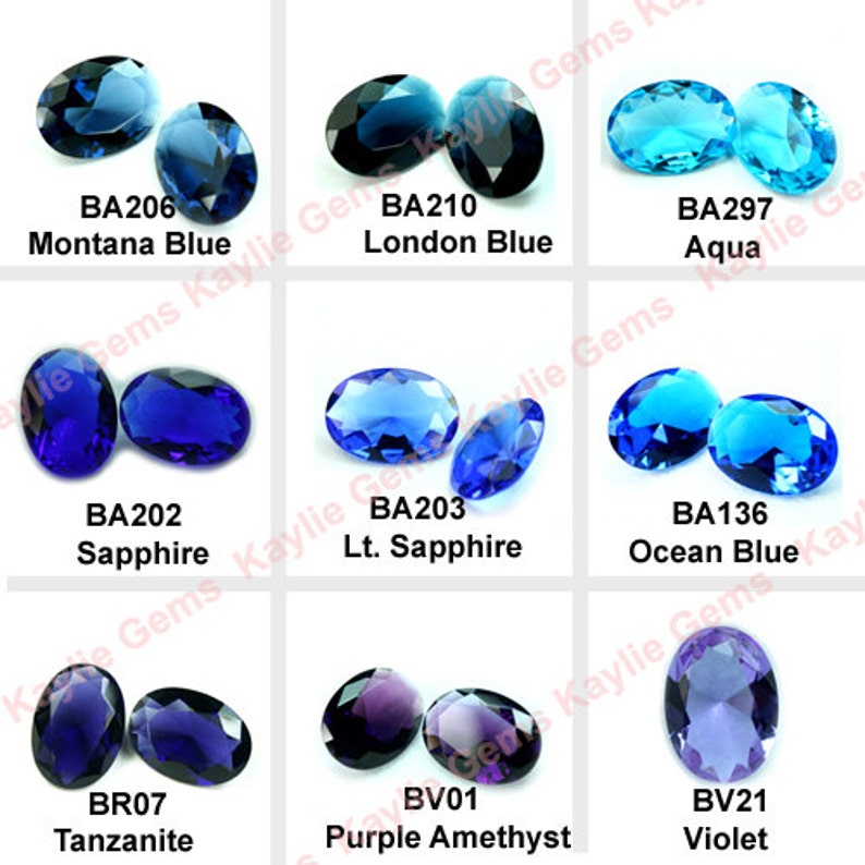 May include: An assortment of oval gemstones in shades of blue and purple. The image features gemstones labelled "Montana Blue", "London Blue", "Aqua", "Sapphire", "Lt. Sapphire", "Ocean Blue", "Tanzanite", "Purple Amethyst", and "Violet".