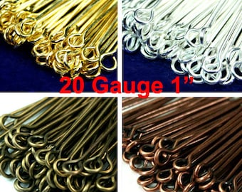 Eye Pins 26mm 1" 20 Gauge Silver, Gold, Antique Brass, Antique Copper Plated Heavy Strong -100pcs -  Pick Finish