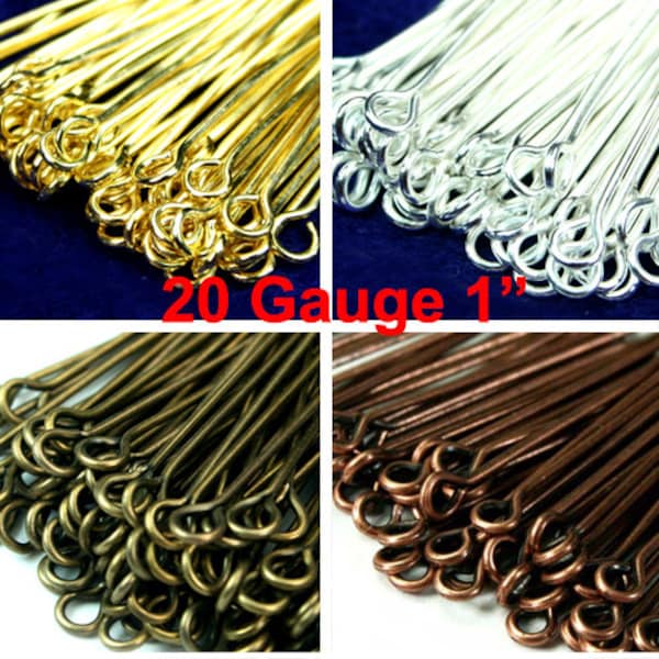 Eye Pins 26mm 1" 20 Gauge Silver, Gold, Antique Brass, Antique Copper Plated Heavy Strong -100pcs -  Pick Finish