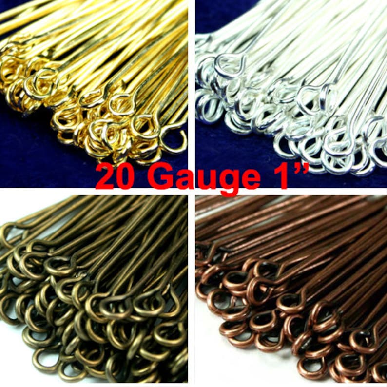 May include: Assortment of 20 gauge, 1 inch long, head pins in gold, silver, bronze, and copper finishes.  The head pins have a loop at one end.