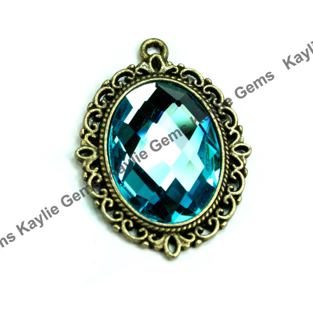 Aqua Blue Glass Jewel Oval Victorian Style Pendant Antique Brass Frame