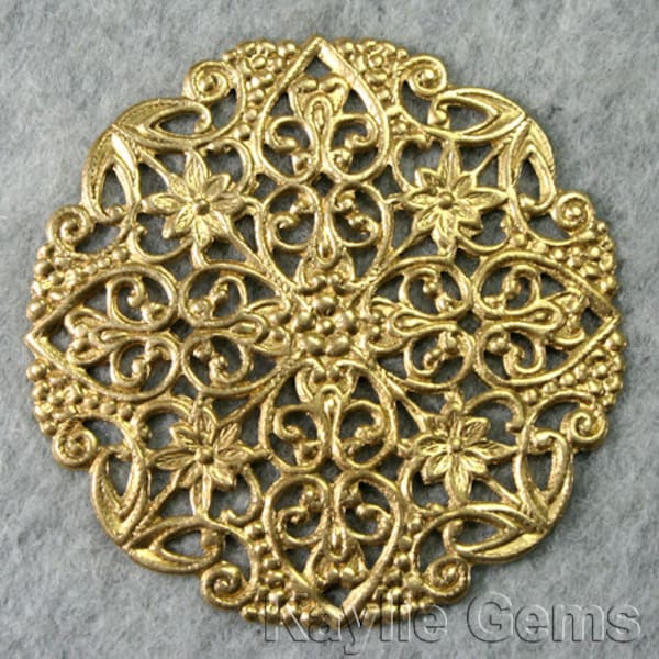 Stunning Round Raw Brass Filigree Stamping Floral Base Victorian Ornate 50mm / 2 inches USA FR6949 - 1pc