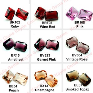 May include: Assortment of faceted gemstone cabochons in various colors, including ruby, wine red, pink, amethyst, garnet pink, vintage rose, peach, champagne, and smoked topaz. Each gemstone is labeled with its name and code.