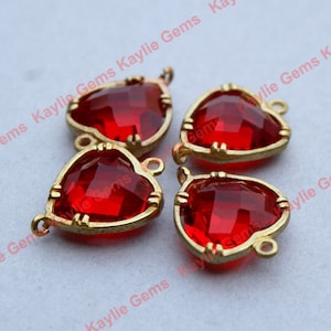 Ruby Red Heart 12x16mm Connector Link Charm Faceted Glass Jewel Checker Brass Setting, Hand Set by Me, Proudly Made in Virginia, USA - 2 pcs