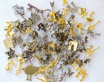 100 Pieces Fun Charms Random Mix Metal Gold Silver Bronze