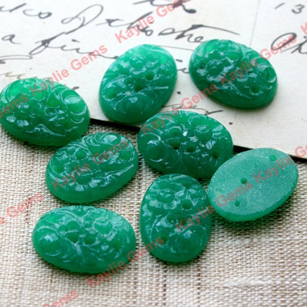 Oval 18x13mm Japanese Round Glass Floral Etched Carved Cabochons - Jade Green - 4pcs