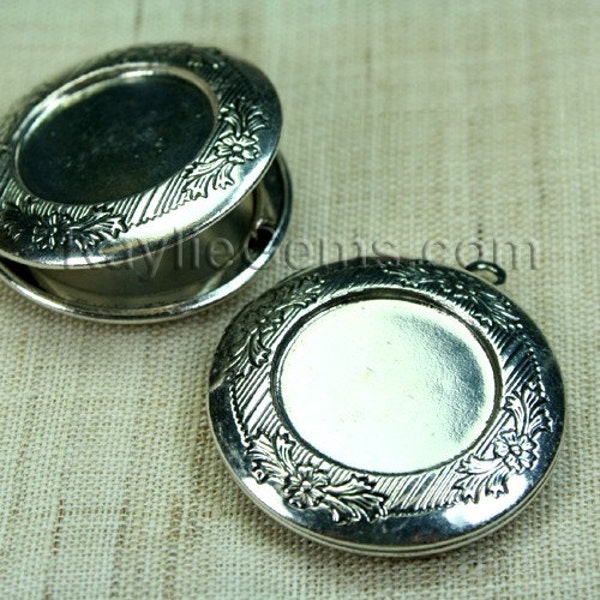 Round Locket Hand Touched Antique Silver Cameo Cabochon Setting Frame Victorian - LKRS-128AS - 4pcs