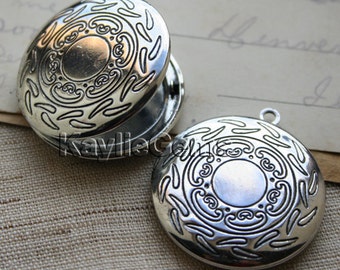 Round Victorian Pattern Hand Touched Antique Silver Locket Pendants /Charms LKRS-130AS - 2pcs