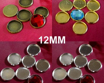 12 Cab de Cabujón Ajuste Ronda 12mm Bandeja de Bisel Plata, Latón Antiguo, Latón Crudo -ST-CB12MM- Elija su acabado