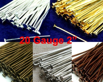 100pcs Flat Head Pins 20 Gauge 2 Inches 50mm Heavy Strong, Silver, Gold, Antique Brass, Antique Copper, Antique Silver - Pick Finish