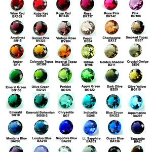 May include: A colour chart displaying various gemstones in shades like red, pink, green, blue, and purple. Each gem is labelled with its colour name and a code. The text "Color Chart" and "-KaylieGems.com" are at the top.