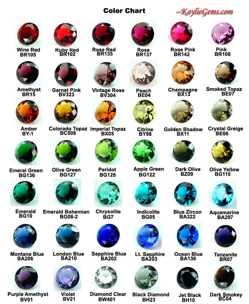 May include: A colour chart displaying various gemstones in shades like red, pink, green, blue, and purple. Each gem is labelled with its colour name and a code. The text "Color Chart" and "-KaylieGems.com" are at the top.