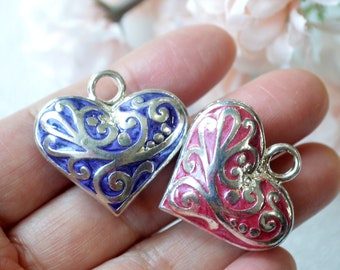 3-D 30mm Enameled Lacy Floral Heart  Charm Pendants -Silver Base Enamel Rose Pink Purple