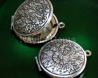 Round 27mm Hand Touched Old Silver Flower Face Locket  Pendants - LKRS-X21AS -4pcs