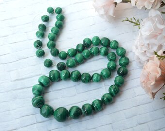 Natural Green Malachite Gemstone Beads Strand 18 Inches Long Graduated size 7mm - 14mm For Necklace Old Stock Only One Available