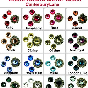 May include: Assortment of 14mm round mirror glass cabochons in various colors, including ruby, raspberry, rose, garnet, peach, citrine, olivine, amethyst, sapphire, royal blue, aqua, London blue, emerald, clear, jet black, and black diamond. Each cabochon is set in a gold-tone metal setting.