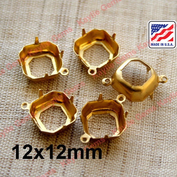 12x12mm Raw Brass Octagon Prong Setting Open Back  fit Crystal 4470 Cushion Square Fancy Stones 1 Ring 2 Ring Made in the USA