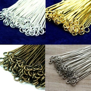 Eye Pins 21 Gauge 38mm 1.5 inches Silver, Gold, Antique Brass, Antique Copper Plated - 100 pcs Per Pack