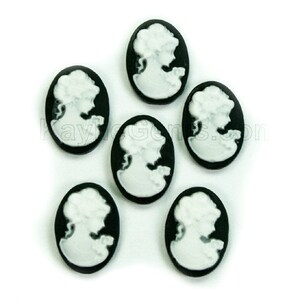 Cameo 13x18mm Victorian Lady Portrait  - Black Base White Face-6pcs