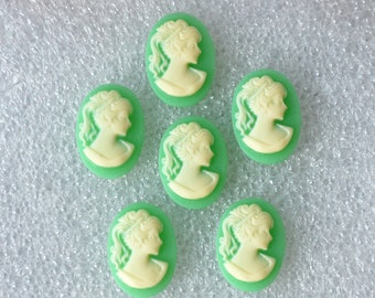 Cameo 13x18mm Victorian Lady Portrait - Turquoise Green Base Cream Face - 6pcs