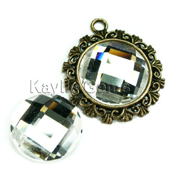 Specchio cabina Cabochon di vetro 20mm 4 pezzi Checker taglio sfaccettato cupola rotonda - cristallo-