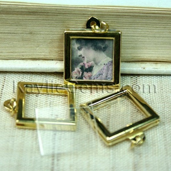 Picture Frame Charm Pendant Earring Double Sided Rectangle Square 17x17mm - Gold Plated